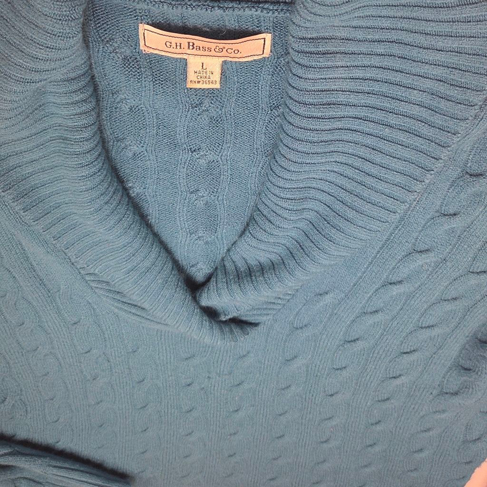 Women's G.H. Bass & Co. Teal Cable Knit Cowl Neck Sweater L - Picture 4 of 10